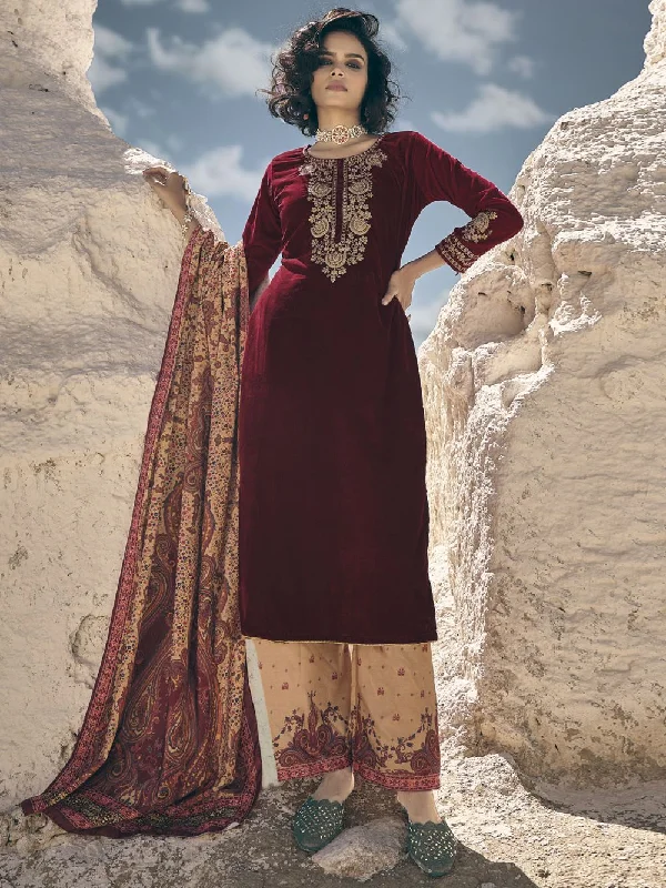 Maroon Velvet Embroidered Dress Material