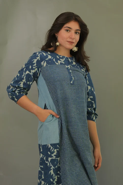 Moralfibre Natural Indigo Multi Print Dress With 3/4Th Sleeves