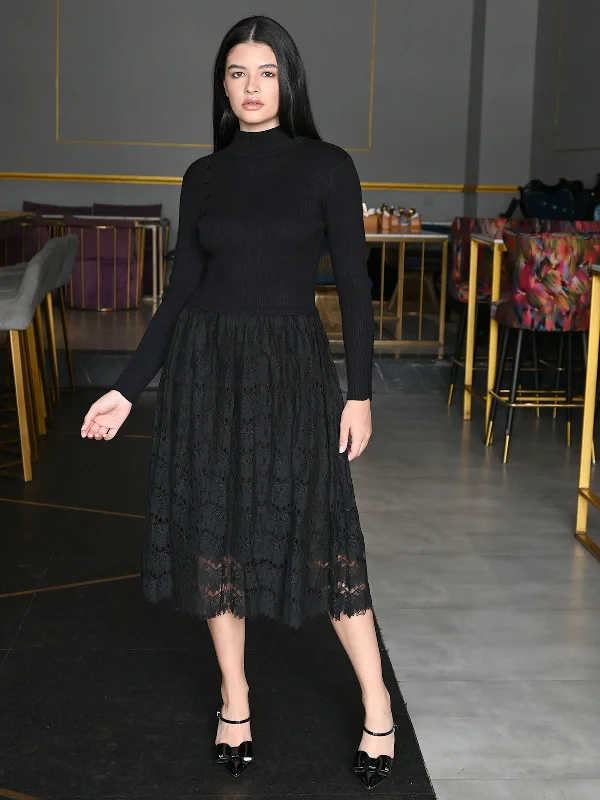 Odette Black Knit Lace Dress For Women