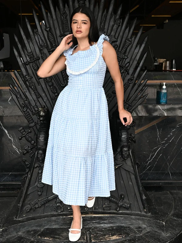 Odette Blue Long Cotton Checks Dress For Women