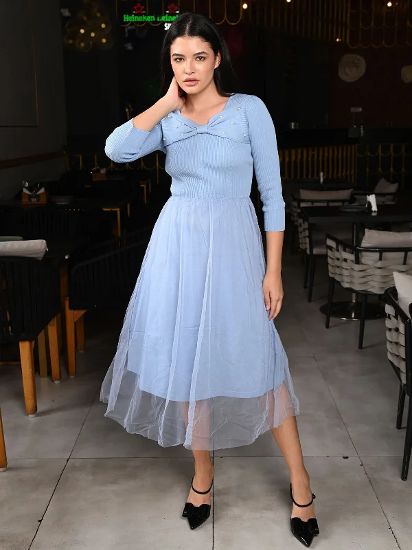 Odette Blue Rib and Net Dress For Women