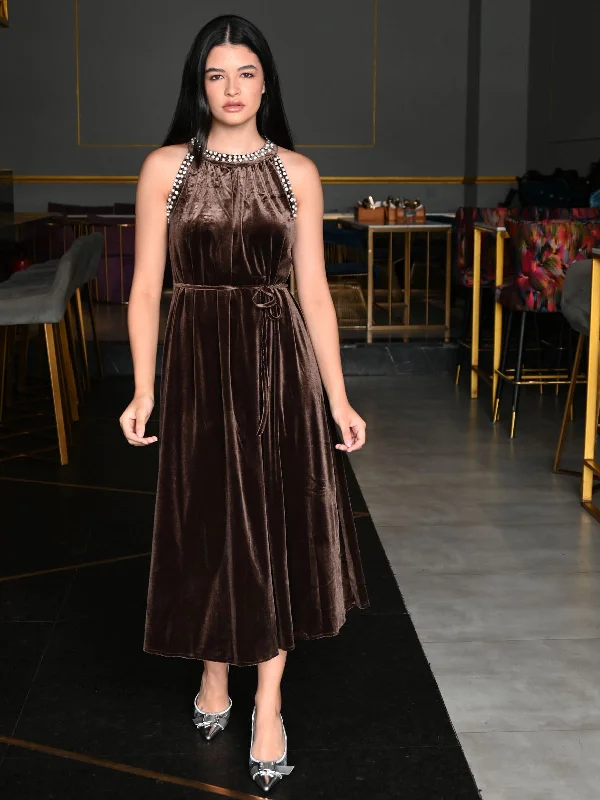 Odette Brown Embellished Velvet Dress For Women