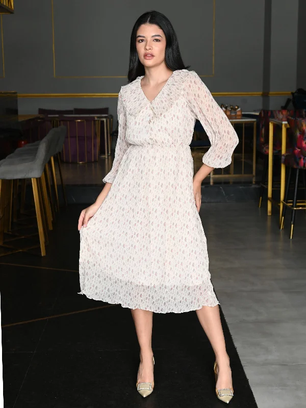 Odette Off White Crinkle Printed Georgette Dress For Women