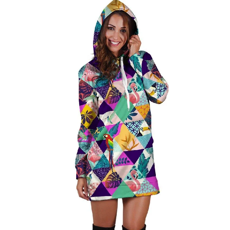 Patchwork Tropical Bird Print Hoodie Dress