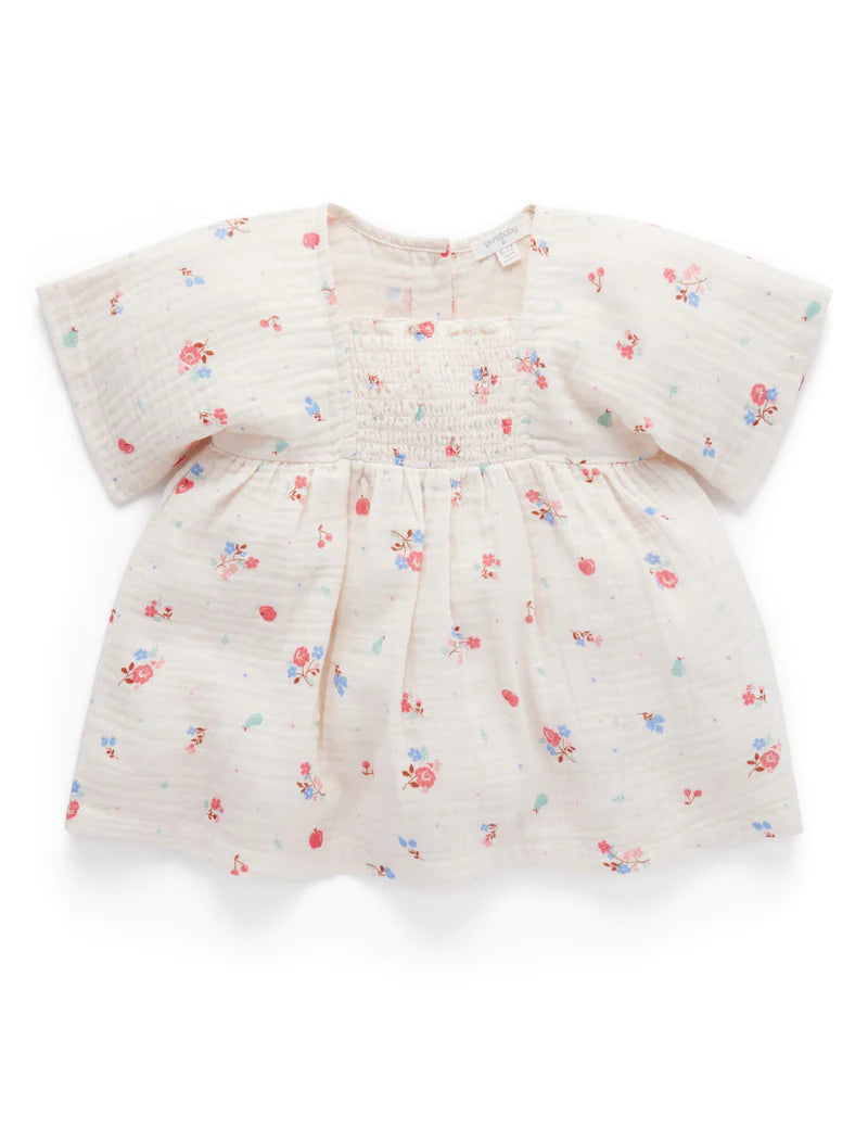 Purebaby Shirred Dress - Fruits & Flowers Print