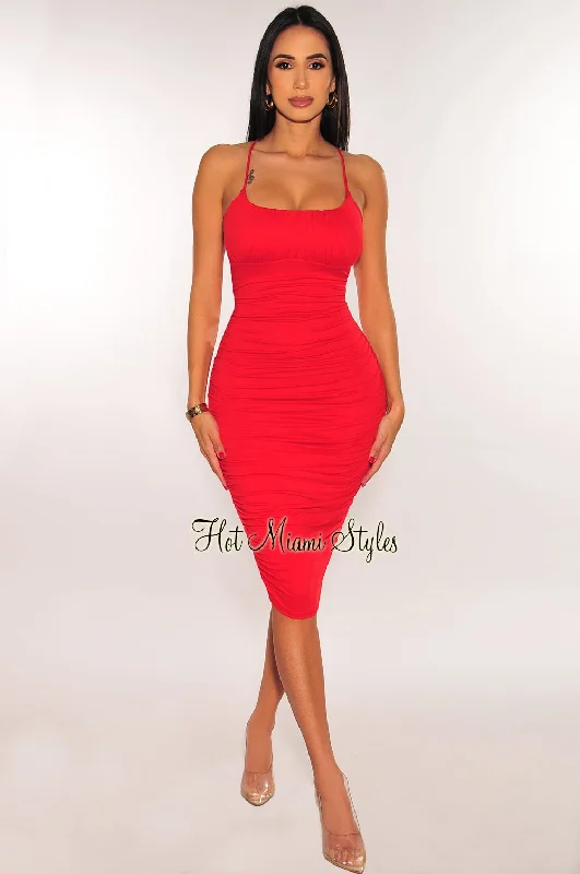 Red Criss Cross Spaghetti Straps Ruched Dress