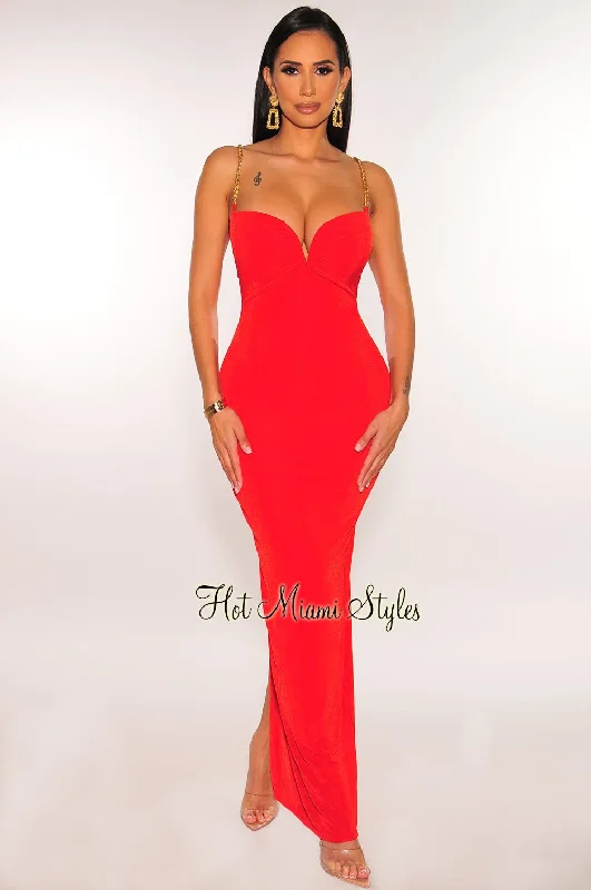 Red Shimmery Gold Chain Straps V Wired Back Slit Dress