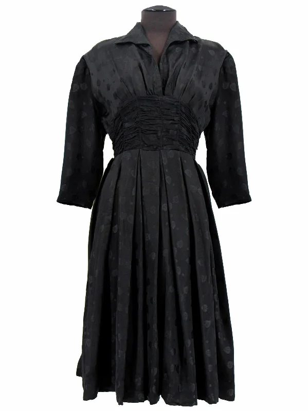 Ruched Silk Satin Vintage Fifties Leaf Print Dress