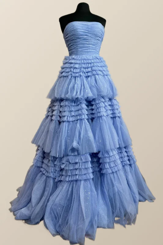 Strapless Periwinkle Tulle Tiered Formal Dress