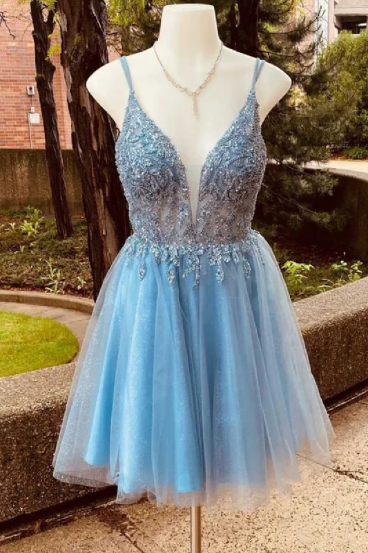 Stunning Blue Sequins Plunge Neck A-Line Short Homecoming Dress