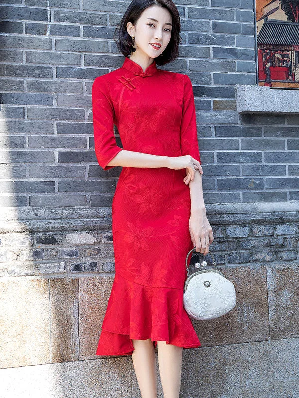 Red Black Tea Winter Qipao / Cheongsam Dress with Pep Hem