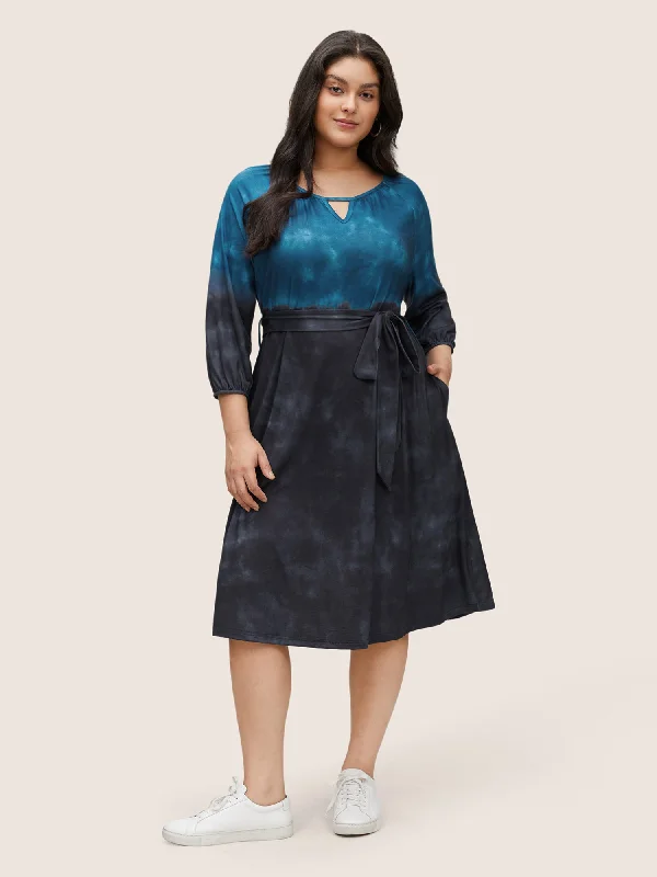 Tie Dye Cut Out Belted Elastic Cuffs Dress