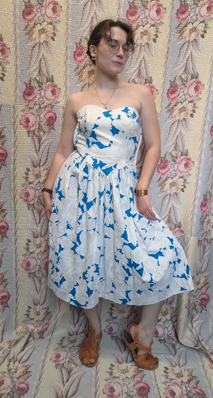Vintage 80s Blue/White Strapless Dress