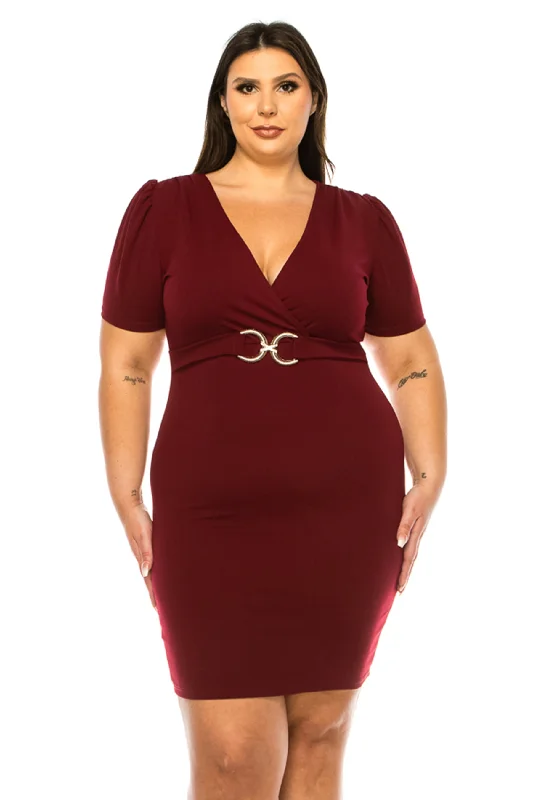 Women's Plus Size V-neck Sheath Dress with Buckle Accent and Puff Sleeves