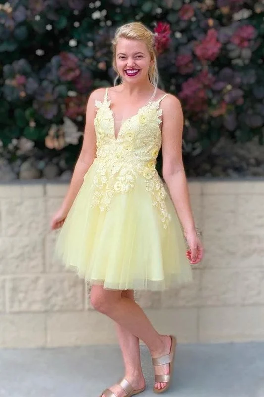 Yellow Princess A-line Appliques Short Homecoming Dress