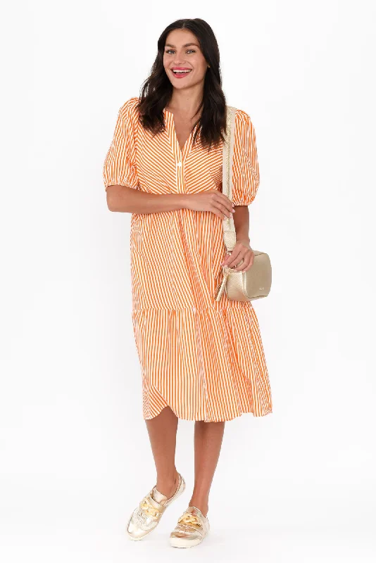 Zariah Orange Stripe Cotton Tier Dress