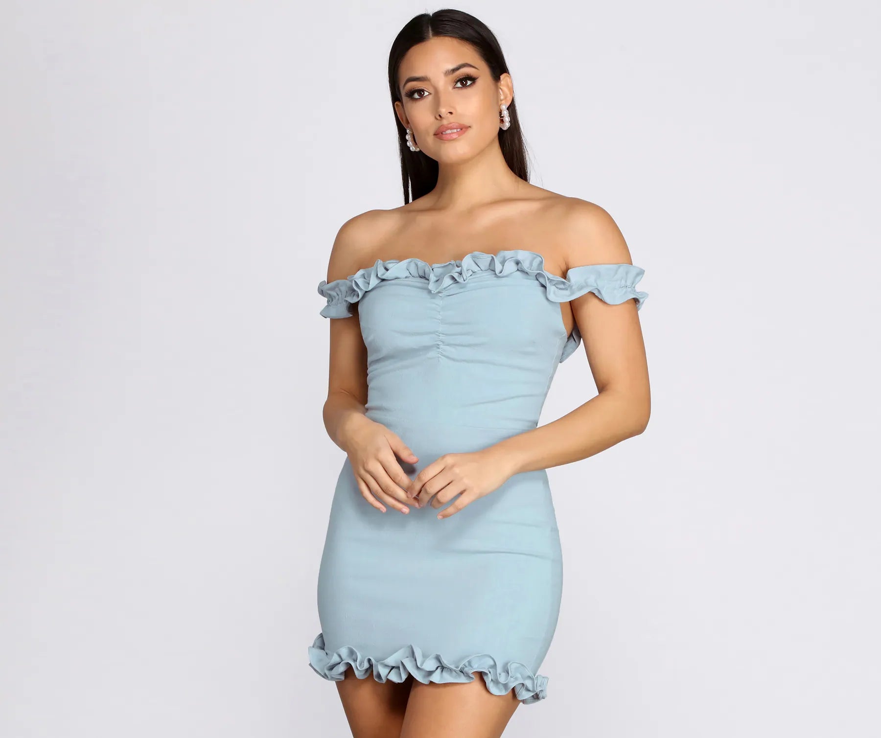 Crepe Ruffle Off Shoulder Mini Dress Tunics Long Elegant Tunics Long Elegant