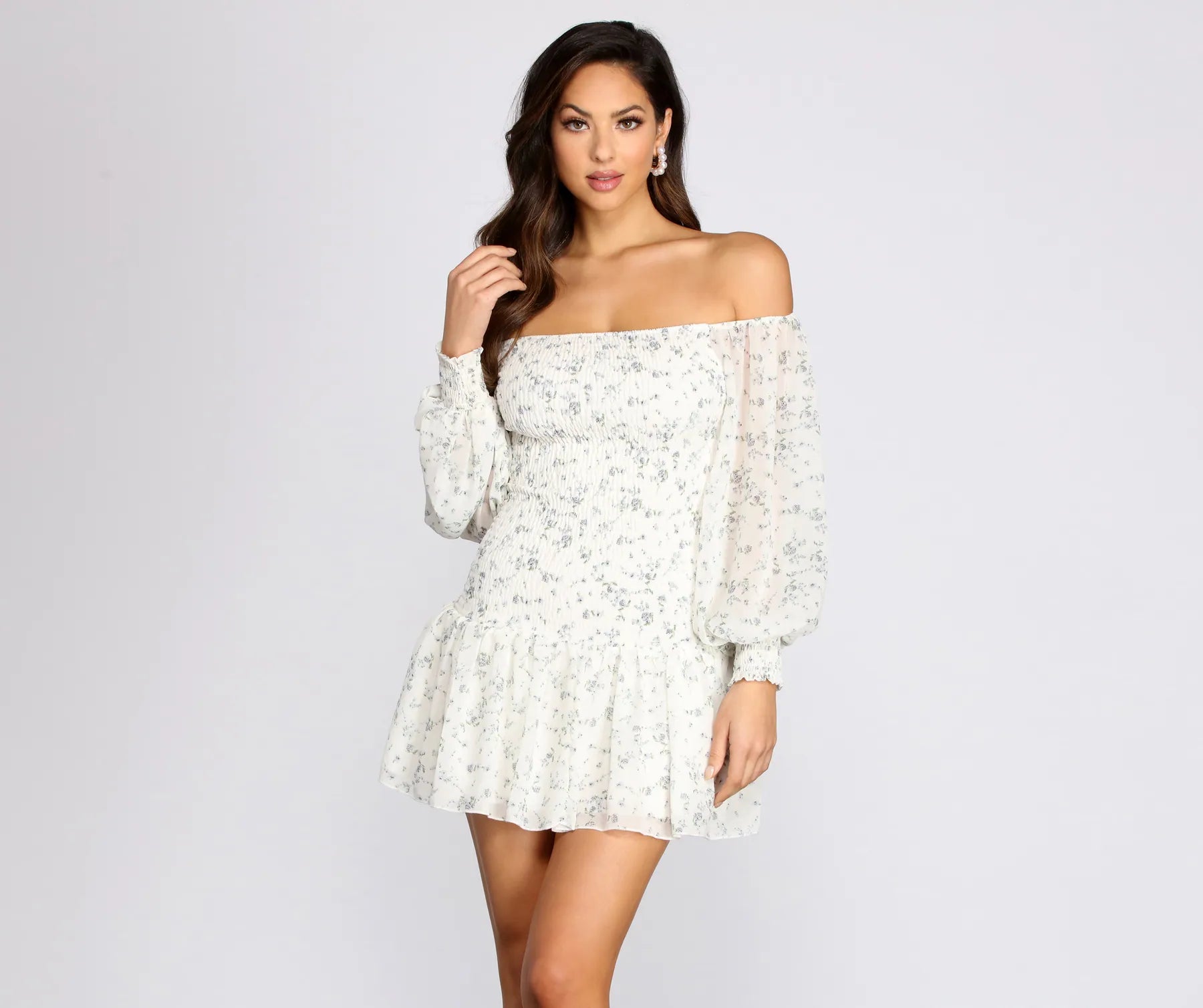Crushin' It Ditsy Smocked Mini Dress Off-the-shoulder Chic Trendy Off-the-shoulder Chic Trendy
