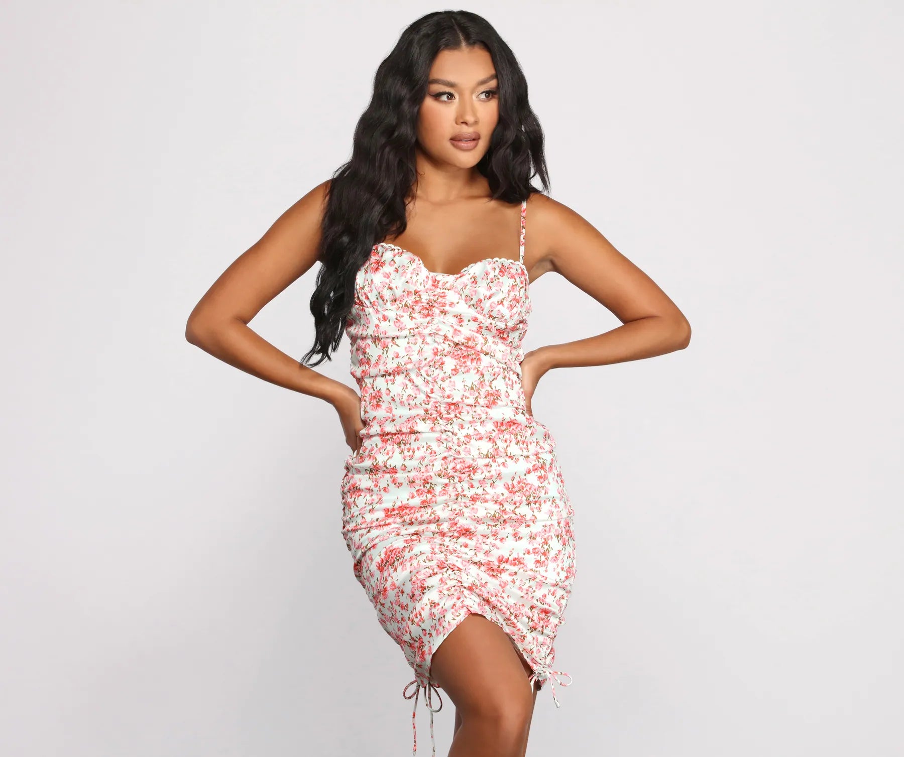 Double Drawstring Floral Mini Dress Tunics Seasonal trendy Tunics Seasonal trendy