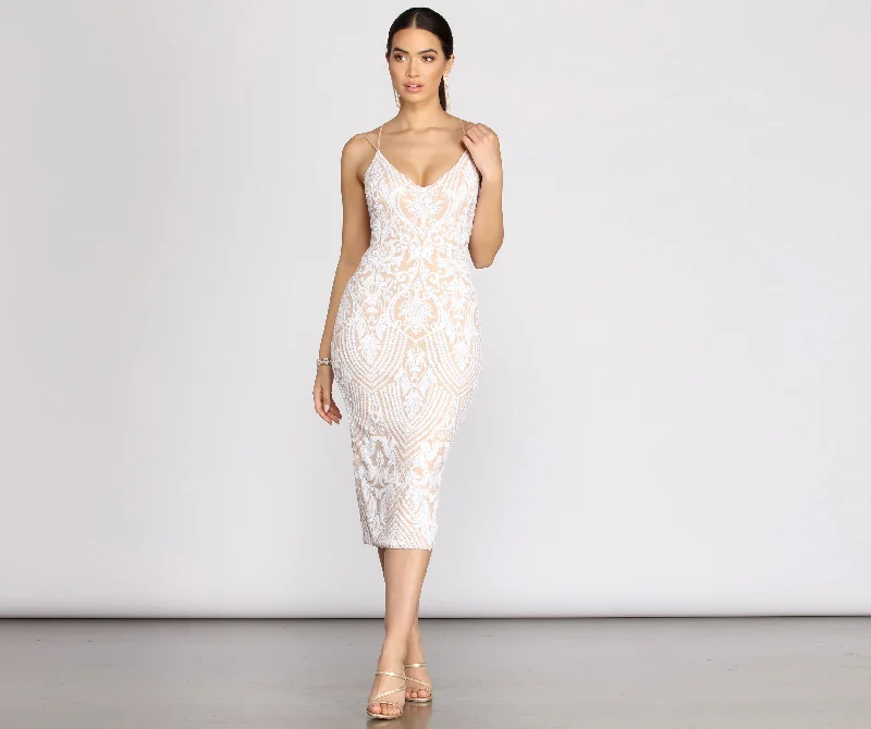 Genna Sequin Patterned Midi Dress Cowl Neckline Elegant Cowl Neckline Elegant