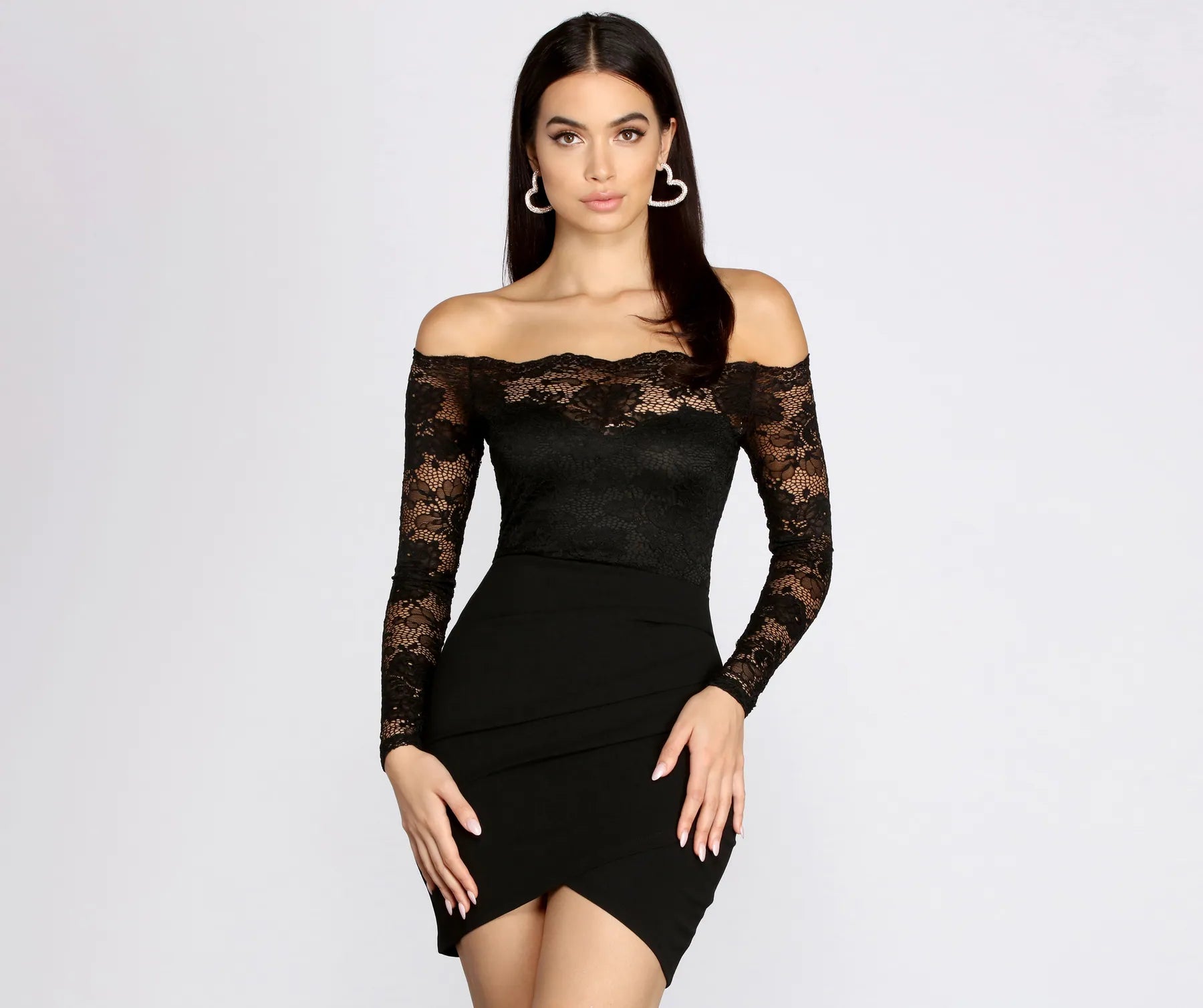 Lovely Look Lace Off Shoulder Mini Dress Tunics Satin smooth Tunics Satin smooth