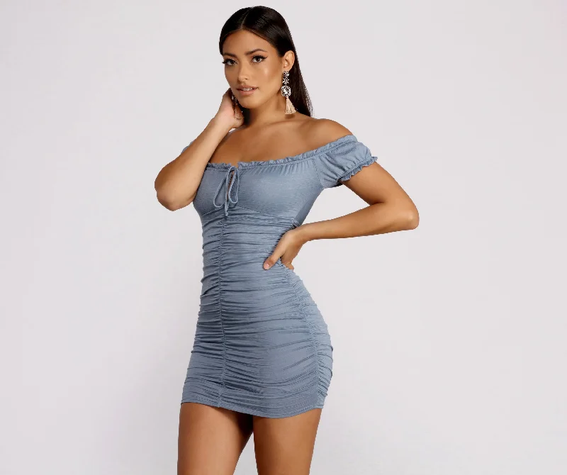 Oh So Dainty Ruffle Trim Off Shoulder Ruched Mini Dress Tunics Office stylish Tunics Office stylish Oh So Dainty Ruffle Trim Off Shoulder Ruched Mini Dress Tunics Office stylish Tunics Office stylish