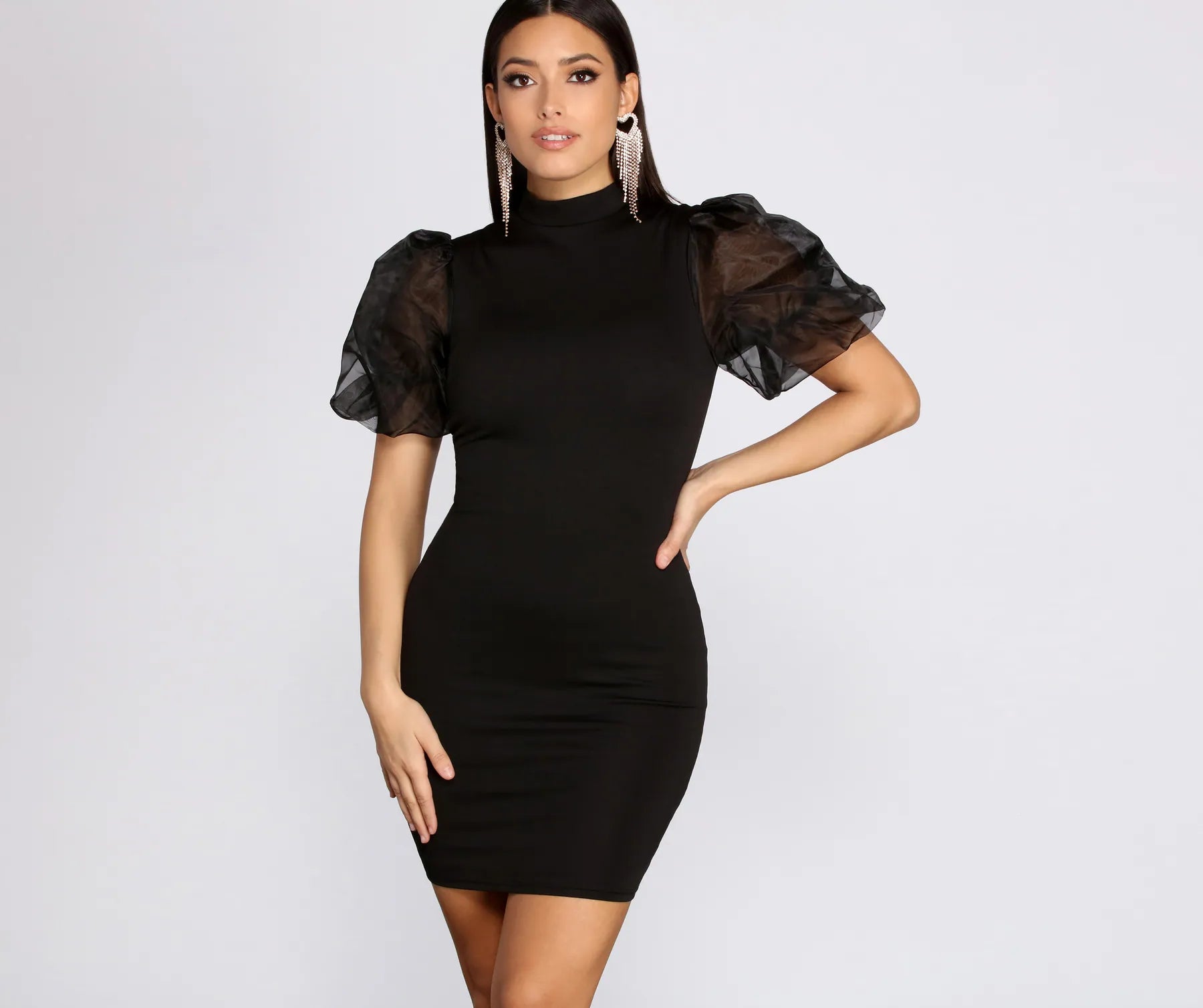 Organza Puff Sleeve Mini Dress Boat Neckline Classic Boat Neckline Classic