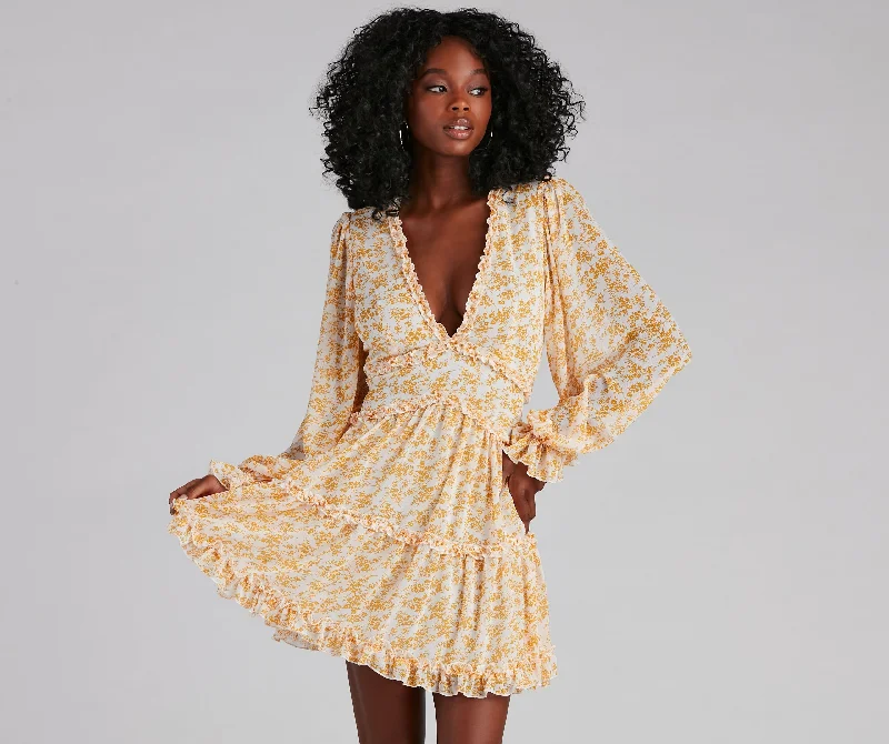 Spring Fling Floral Chiffon Ruffle Dress Tunics Chic elegant Tunics Chic elegant