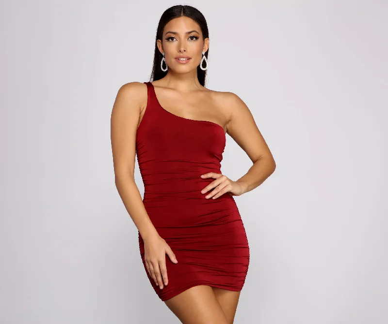 Such A Stunner One Shoulder Ruched Mini Dress Tunics Gym athletic Tunics Gym athletic